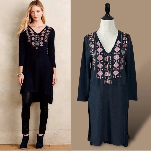 Anthro Akemi + Kin Tunic Savin Embroidered Side Slit Blue Small Knit Sweater XS - Picture 10 of 10